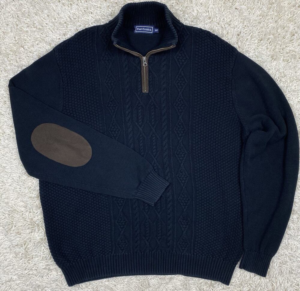 Paul Fredrick Quarter Zip Cable Knit Sweater Mens XXLT 2XL Tall Navy Elbow Patch
